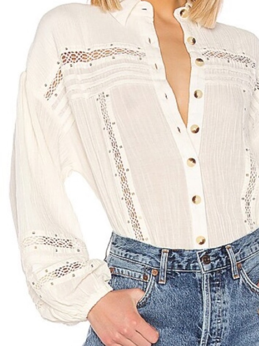 Free People Cream Lace-Trim Button Front Shirt